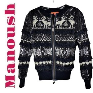 MANOUSH Christmas Cardigan Sweater Jacket Sequin Reindeer Snowflakes Lace, XS